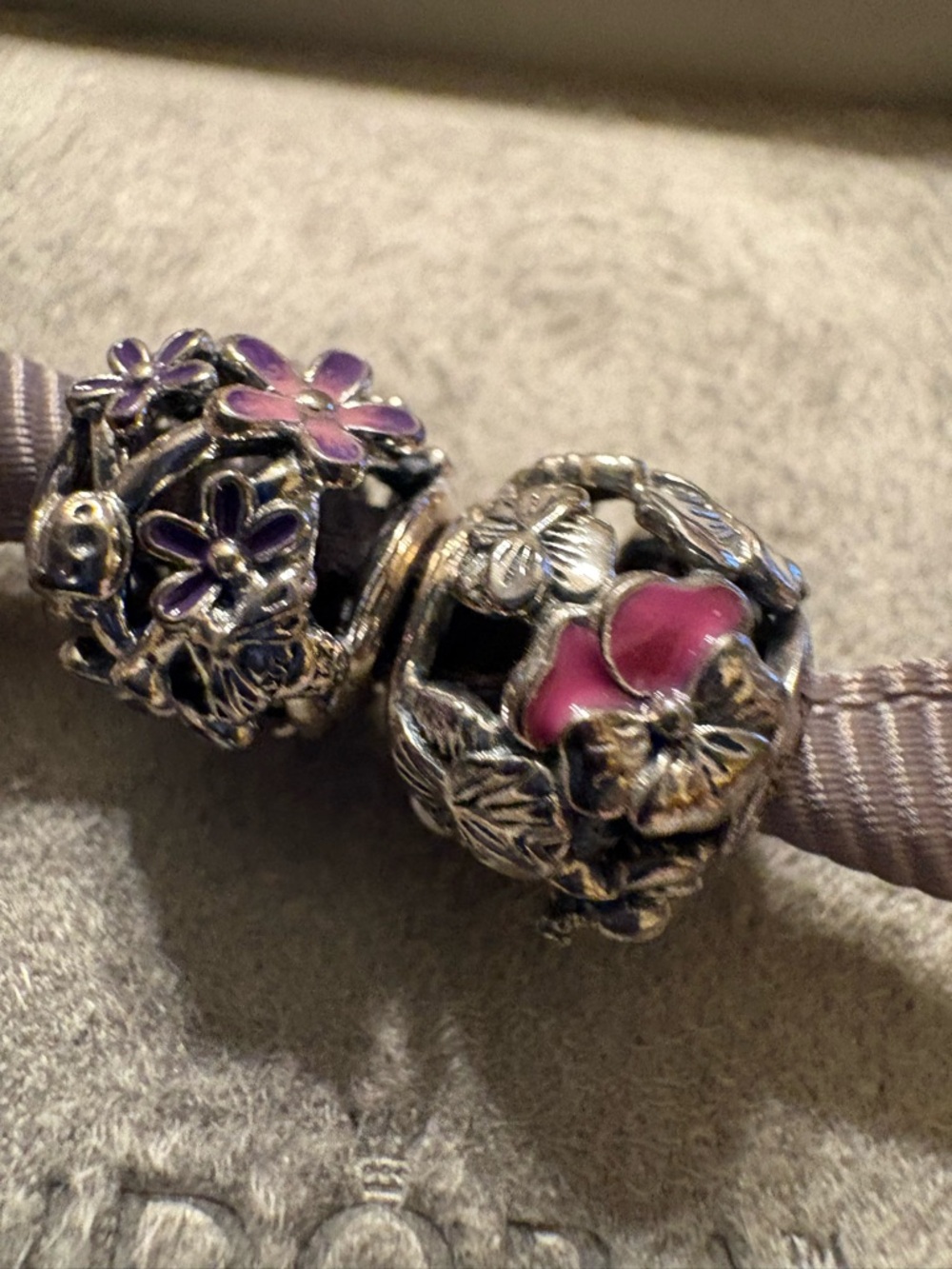 Pandora Pink and Purple Floral Openwork Charm Beads set of 2 in box